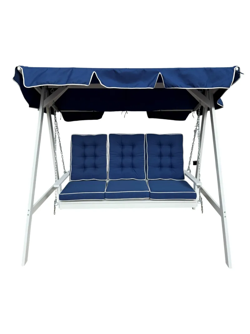 Landet Hammock Gungsoffa med tak i akacia trä inklusive dynor 195x125x159, Blå / Vit