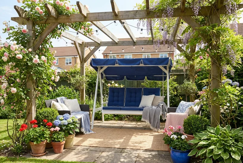 Landet Hammock Gungsoffa med tak i akacia trä inklusive dynor 195x125x159 - Blå / Vit - Products - Utemöbler & utemiljö - Utesoffa - Hammock