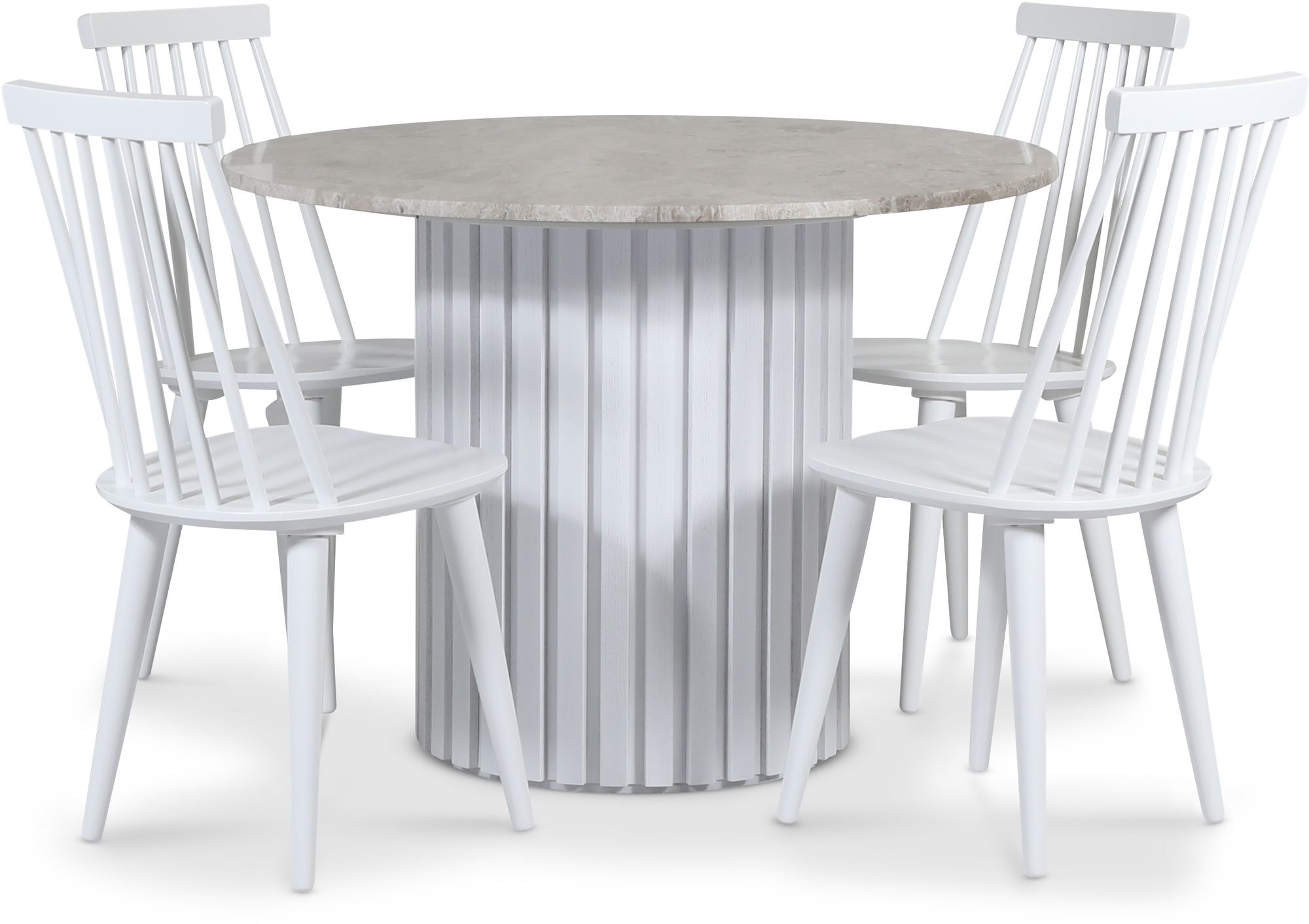 Empire ruokailuryhmä Ø105 cm sis. 4 Dalsland valkoista uloketuolia - Silver Diana marmori / Valkoinen sälepuujalusta + 3.00 x Huonekalujen jalat Empire ruokailuryhmä Ø105 cm sis. 4 Dalsland valkoista uloketuolia - Silver Diana marmori / Valkoinen sälepuujalusta + 3.00 x Huonekalujen jalat