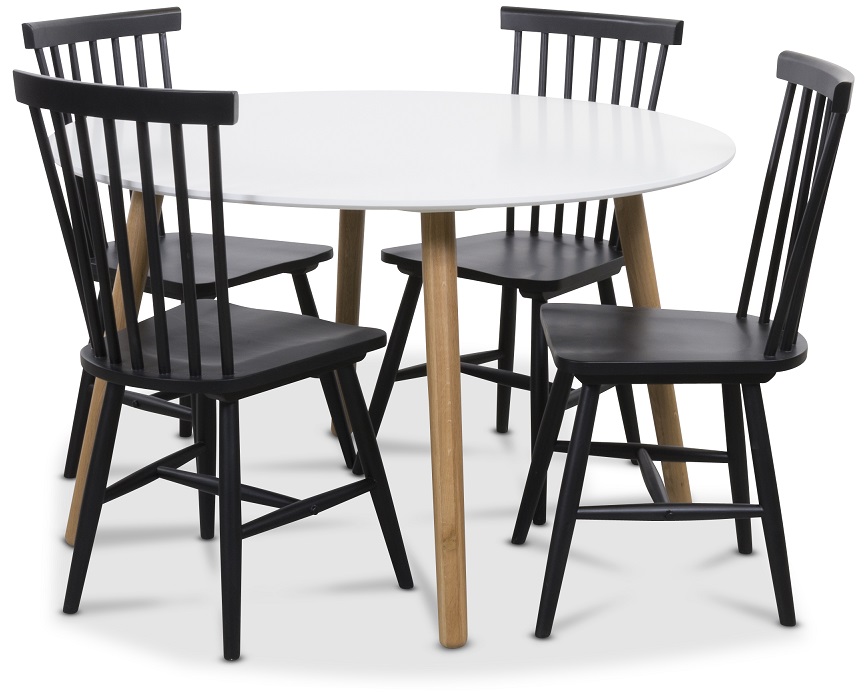 Rosvik-ruokaryhm�, py�re� p�yt� valkoinen/tammi + 4kpl mustaa Karl-pinnatuolia