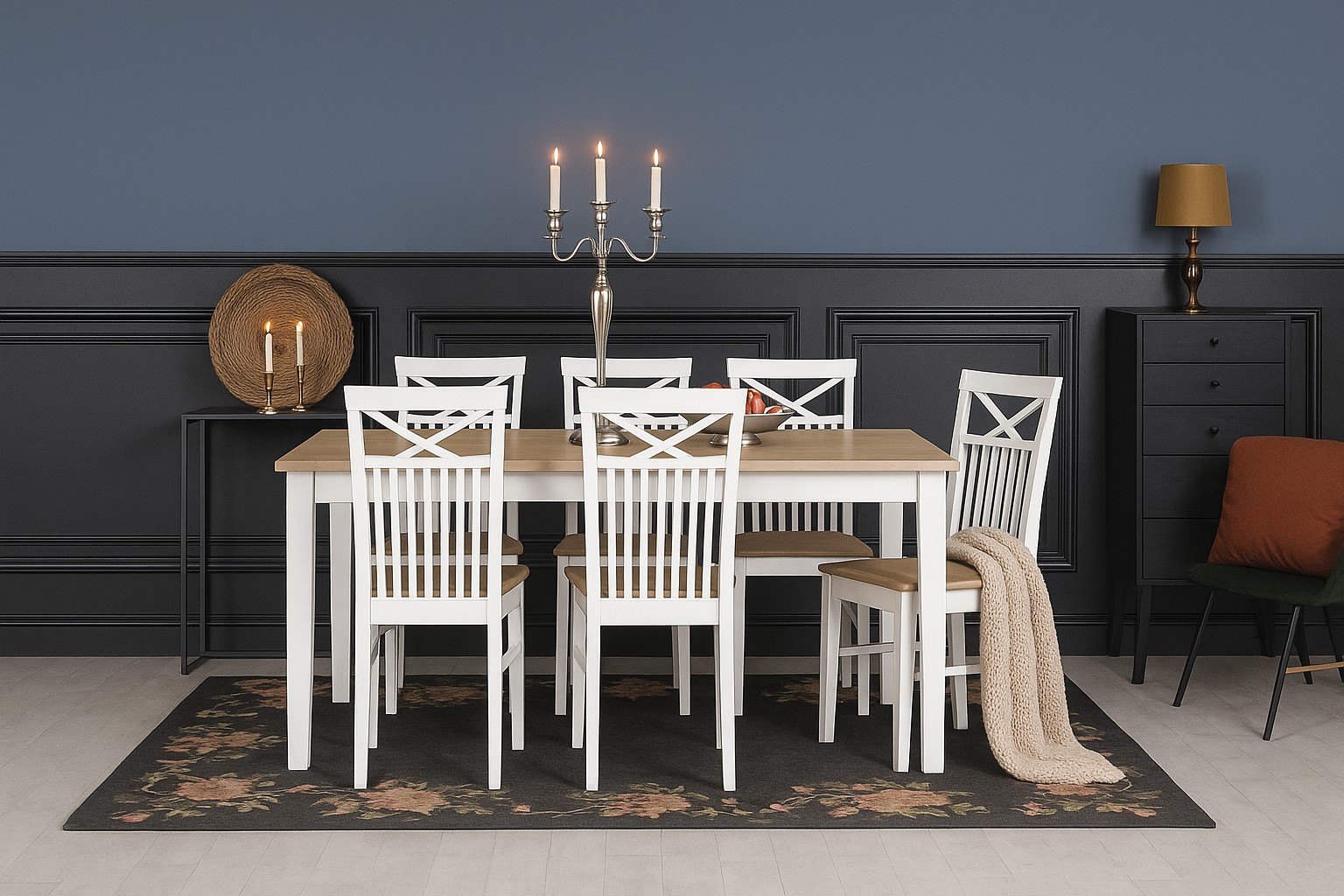 Ruokailuryhm�; P�yt� ja 6 tuolia h�t�istuimella - Valkoinen / �ljytty tammi - Dal�n