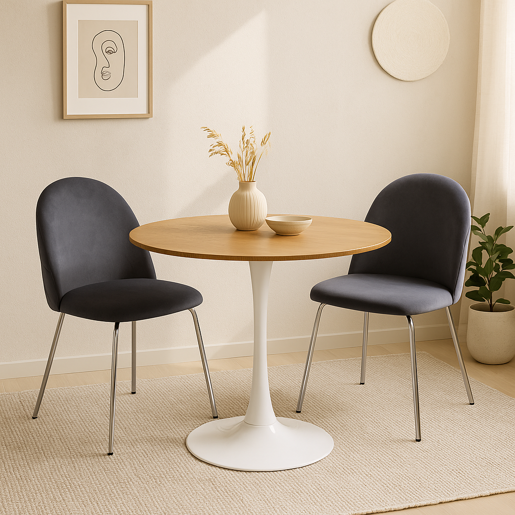 Ruokailuryhm Sumner 80 cm tammi/valkoinen, 2 Plaza-tuolia harmaalla samettilla