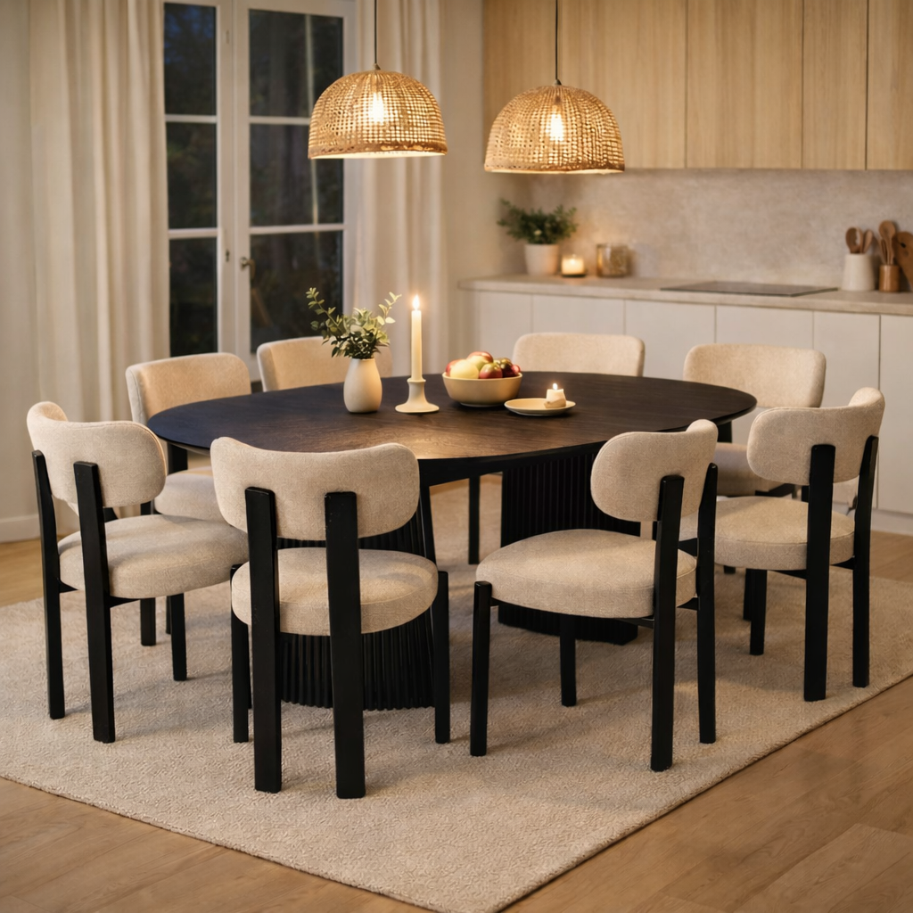 Ruokailuryhm� Crossby, jatkettava p�yt� �120-200cm, mustaksi petsattu tammi, ja 8 Callum-ruokailutuolia beigenv�risess� kankaass