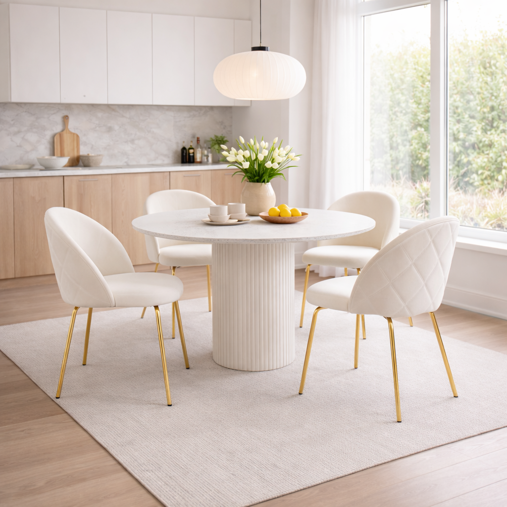 Ruokailuryhm� Sand� ruokap�yt� �120cm valkoinen terrazzo ja 4 Plaza ruokatuolia beige sametti