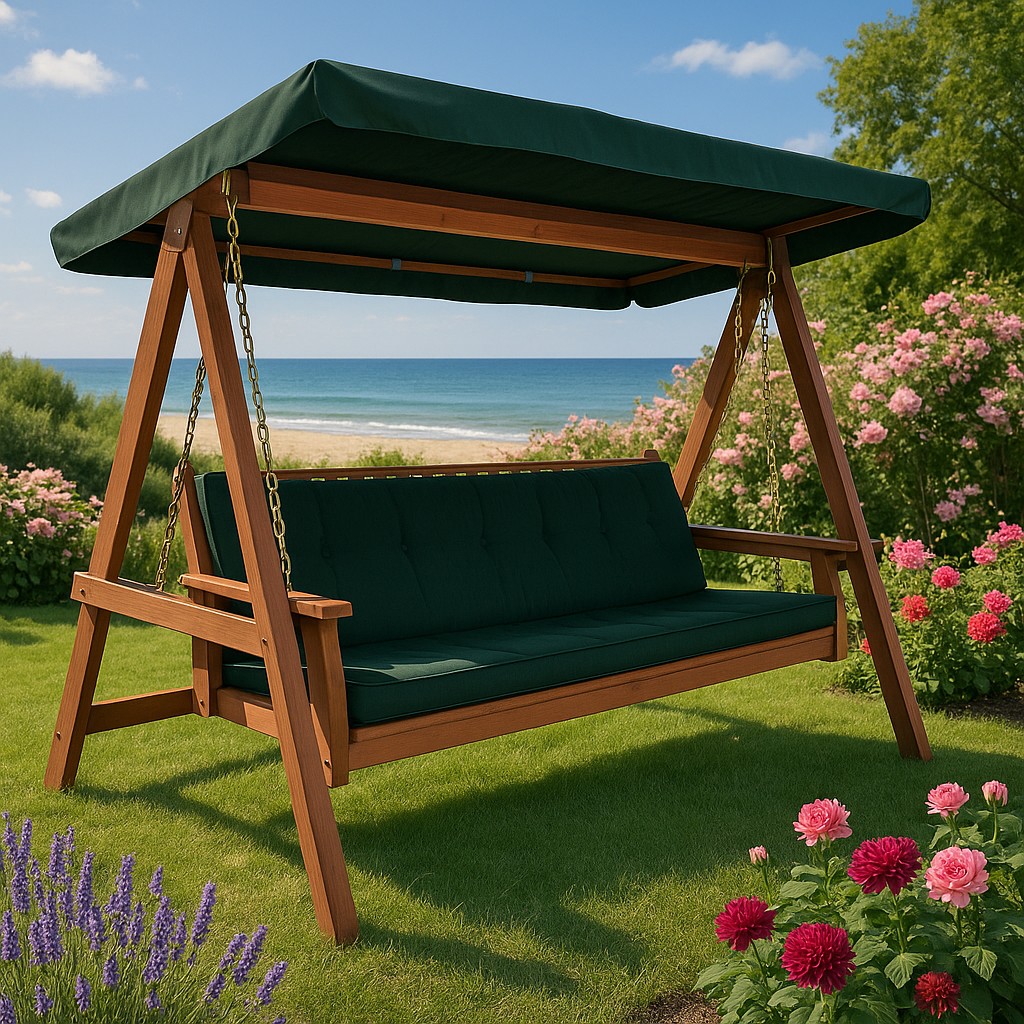 Kokoontaitettava puinen riippumatto vihreällä katolla Kokoontaitettava puinen riippumatto vihreällä katolla