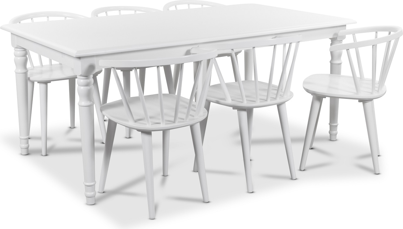 Nomi-ruokailuryhm�, 180 cm ruokap�yt� ja 6 kpl valkoista Fredrik-pinnatuolia