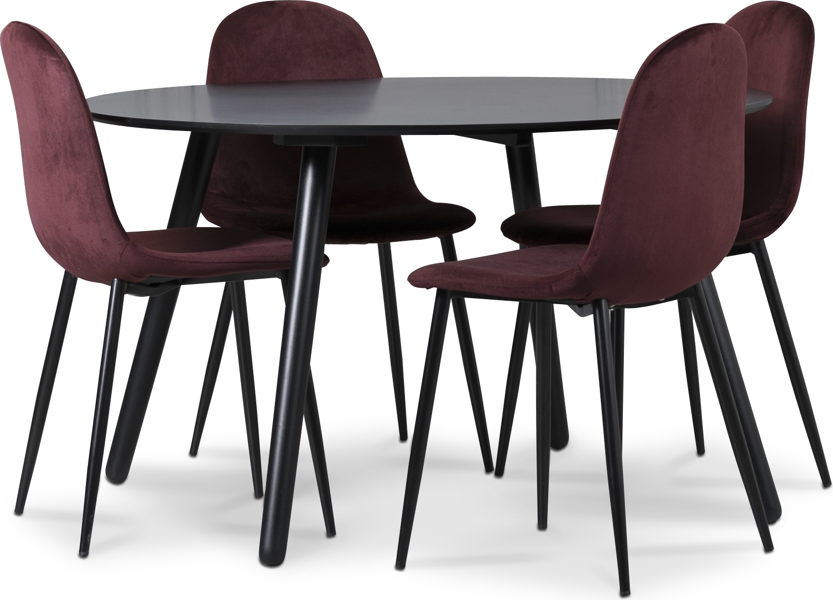 Rosvik-ruokailuryhm�, ruokap�yt� ja 4 kpl Carisma-samettituolia - Bordeaux/Musta + 3.00 x Huonekalujen jalat