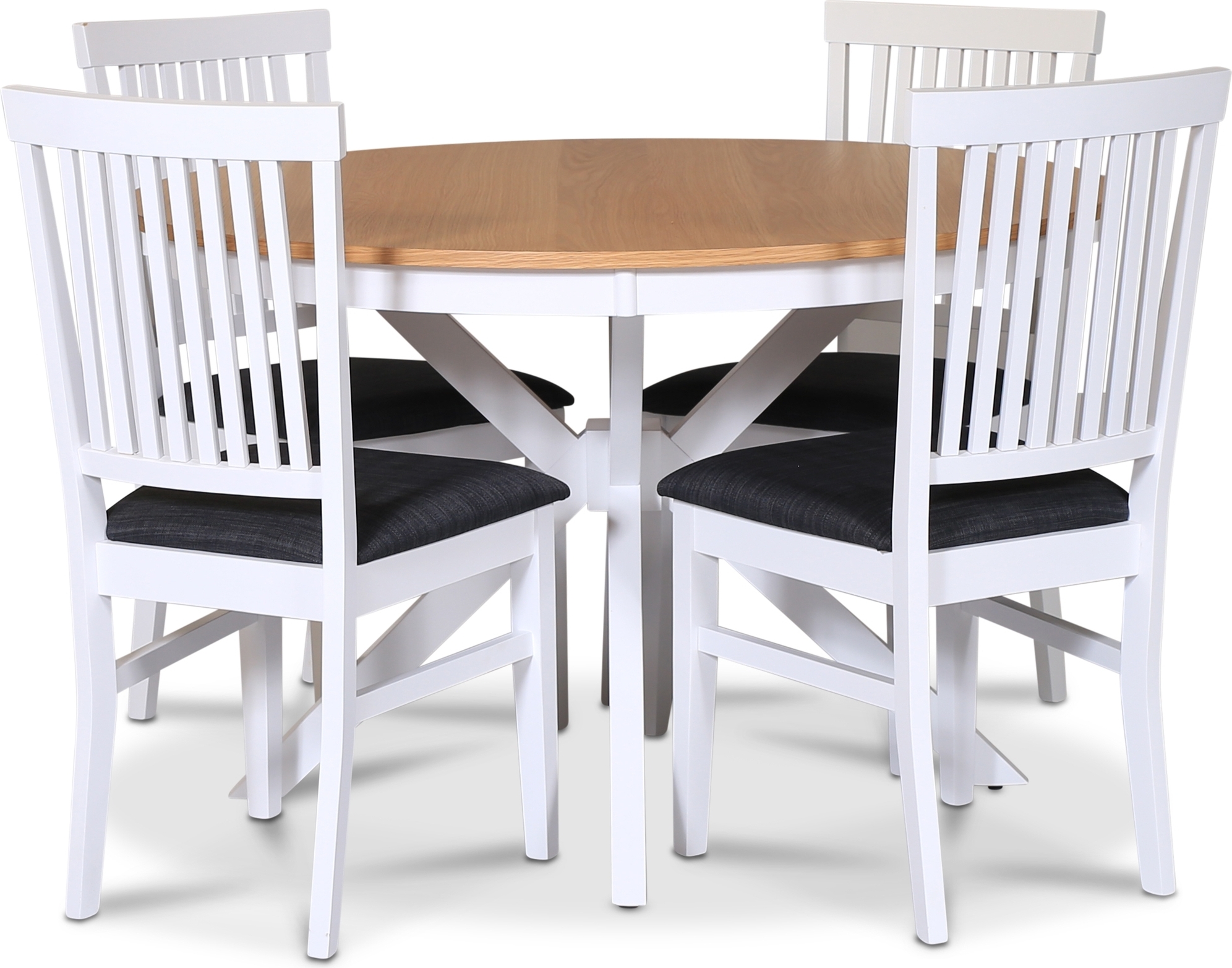 Tromssa elintarvikeryhmä; pyöreä ruokapöytä 120 cm - Valkoinen/öljytty tammi ja 4 Fårö-tuolia istuimilla harmaa kangas Tromssa elintarvikeryhmä; pyöreä ruokapöytä 120 cm - Valkoinen/öljytty tammi ja 4 Fårö-tuolia istuimilla harmaa kangas