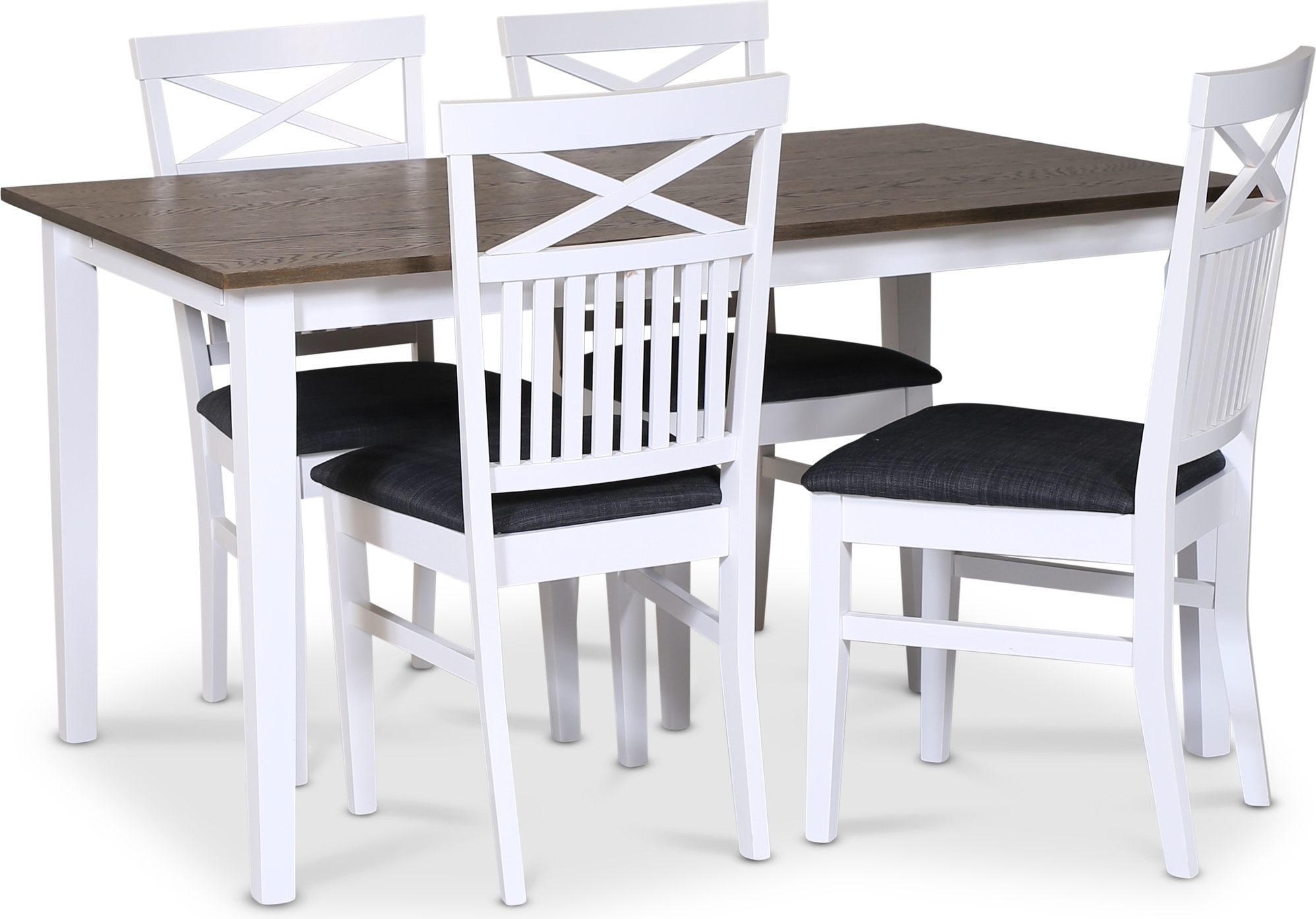 Skagen elintarvikeryhmä; klassinen ruokapöytä 140x90 cm - Valkoinen/ruskea öljytty tammi 4 Skagen-tuolilla (Risti takana) harmaa + 4.00 x Tuolin tyyny Skagen elintarvikeryhmä; klassinen ruokapöytä 140x90 cm - Valkoinen/ruskea öljytty tammi 4 Skagen-tuolilla (Risti takana) harmaa + 4.00 x Tuolin tyyny