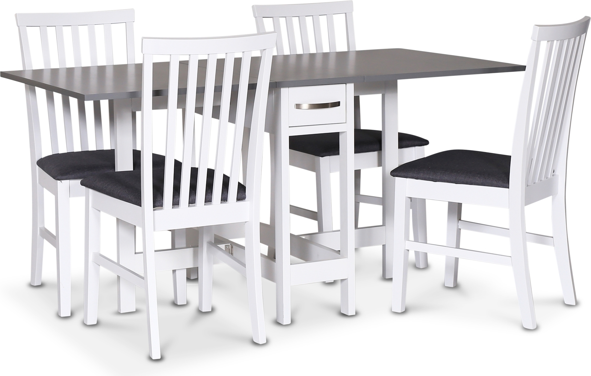 Sis�ruokailuryhm�, kokoontaitettava p�yt�, valkoinen / harmaa, nelj� tuolia - F�r�
