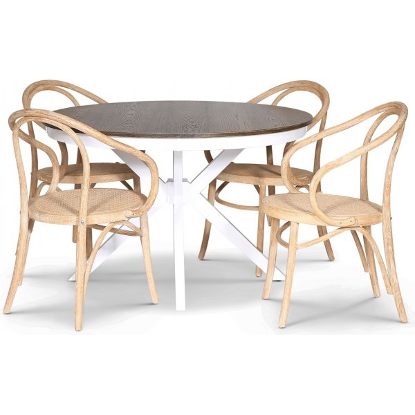 Skagen elintarvikeryhm; pyre ruokapyt 120 cm - Valkoiseksi/ruskeaksi petsattu tammi ja 4 Danderyd No.30 tuolia Whitewash
