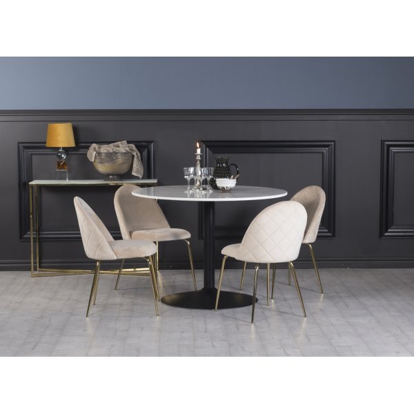 Plaza-ruokailuryhmä, marmoripöytä ja 4 kpl Plaza-samettituolia - Beige/Messinki/Musta + Huonekalujen puhdistus Plaza-ruokailuryhmä, marmoripöytä ja 4 kpl Plaza-samettituolia - Beige/Messinki/Musta + Huonekalujen puhdistus