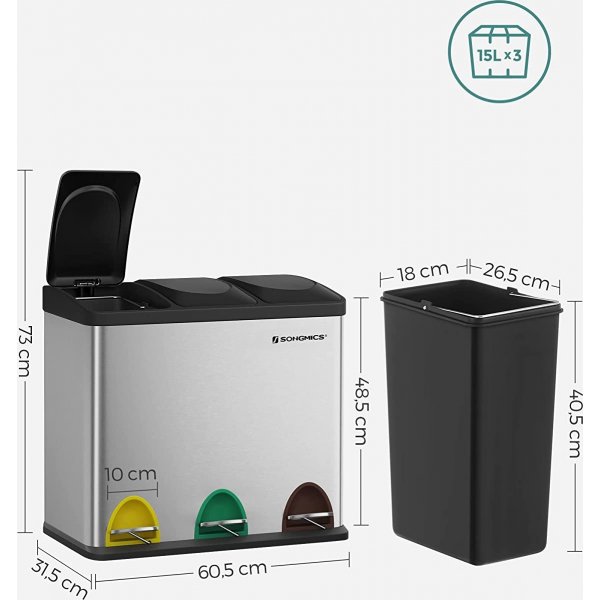 Maiken roskakori 54 l - Hopea/musta