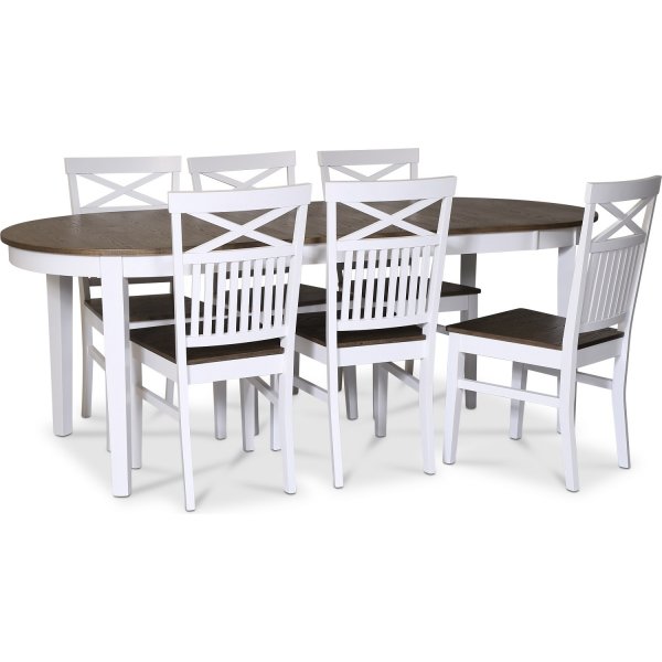 Skagen elintarvikeryhm; ruokapyt 160/210x90 cm - Valkoinen/ruskea ljytty tammi, jossa 6 Skagen-tuolia ristill selknojalla