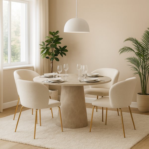 Ruokailuryhm Lanzo 120 cm, beige marmori, 4 tuolia buklee-puvussa ja messinkijalat