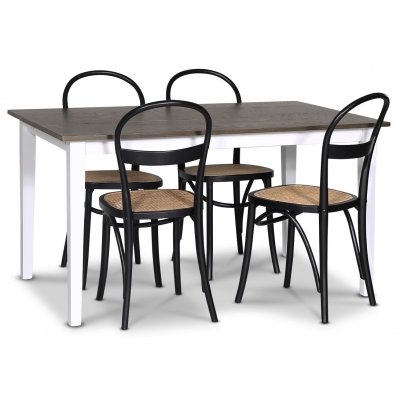 Skagen elintarvikeryhmä; ruokapöytä 140 cm - Valkoiseksi/ruskeaksi petsattu tammi ja 4 Danderyd No.16 ruokapöydän tuolia Musta