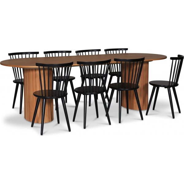 PiPi soikea ruokailuryhm 240 cm sis. 8 mustaa uloketuolia Castor - ljytty tammiviilu + 5.00 x Huonekalujen jalat