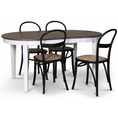 Skagen elintarvikeryhmä; ruokapöytä 160/210x90 cm - Valkoinen/ruskea öljytty tammi ja 4 Danderyd No.16 tuolia Musta