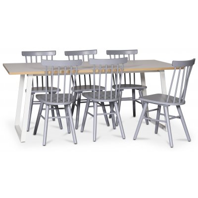 Edge ruokailuryhm; Ruokapyt valkoinen HPL 190x90 cm ja 6 harmaata Orust-ruoko-tuolia