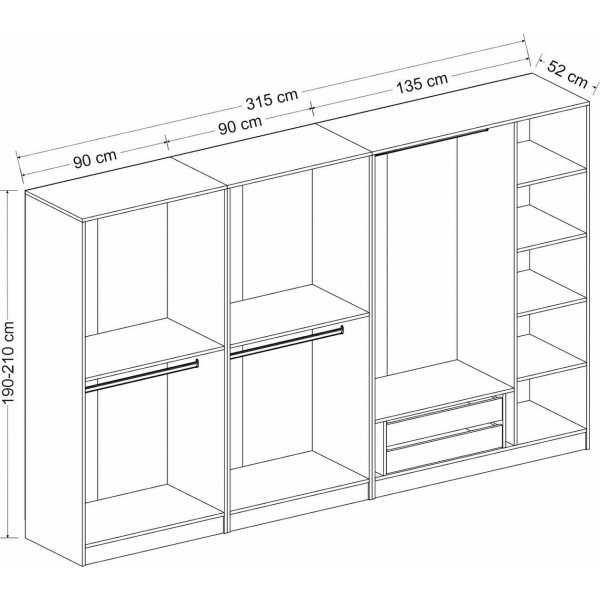 Larett vaatekaappi 315 cm, variantti A - Valkoinen