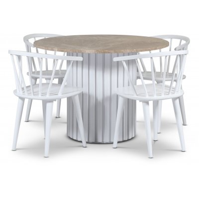 Empire ruokailuryhm 105 cm sis. 4 Dalslandin valkorunkoista tuolia - Empradore-marmori / Valkoinen puinen slepohja