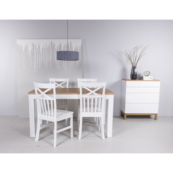 Dalar�s-ruokailuryhm�, p�yt� 140 cm valkoinen/tammi + 4 kpl Mellby-tuolia