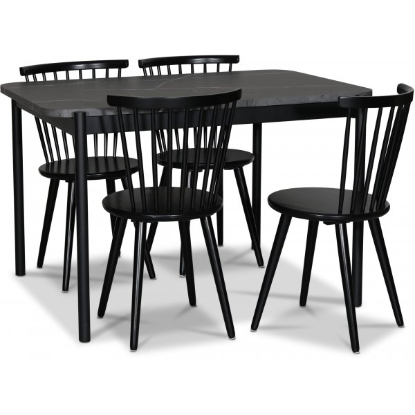 Wayne ruokailuryhmä 120x80 cm sis. 4 Castor mustaa uloketuolia - Harmaa marmorikalvo + Huonekalujen tahranpoistoaine Wayne ruokailuryhmä 120x80 cm sis. 4 Castor mustaa uloketuolia - Harmaa marmorikalvo + Huonekalujen tahranpoistoaine