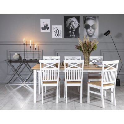 Fr ruokailuryhm: Pyt 180 cm sislten 6 Fr tuolia ristill - Tammi/valkoinen