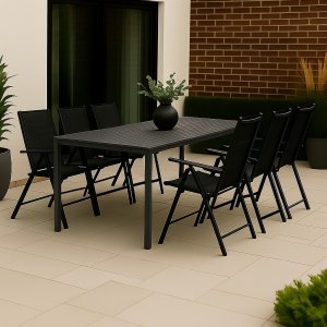 Ruokailuryhmä: 6 tuolia ja ruokapöytä 205 x 90 cm musta/harmaa - Las Vegas/Asta Ruokailuryhmä: 6 tuolia ja ruokapöytä 205 x 90 cm musta/harmaa - Las Vegas/Asta