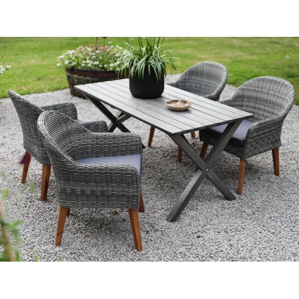 Ruokailuryhm Scottsdale pyt 150 cm Shabby Chic harmaa sislten 4 Valetta nojatuolia harmaata keinorottinki
