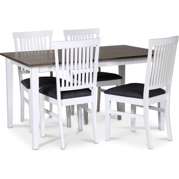 Skagen elintarvikeryhm; klassinen ruokapyt 140x90 cm - Valkoinen/ruskea ljytty tammi ja 4 Fr-tuolia (selknojat) harmaalla