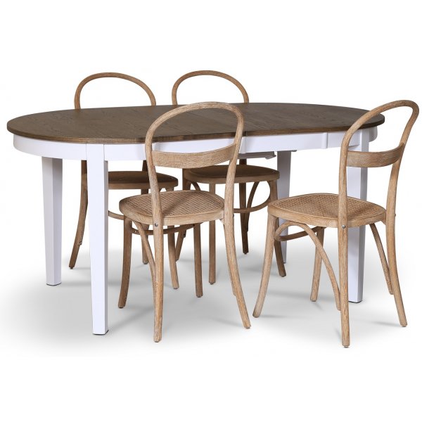Skagen elintarvikeryhm; ruokapyt 160/210x90 cm - Valkoinen/ruskea ljytty tammi ja 4 Danderyd No.16 tuolia Whitewash