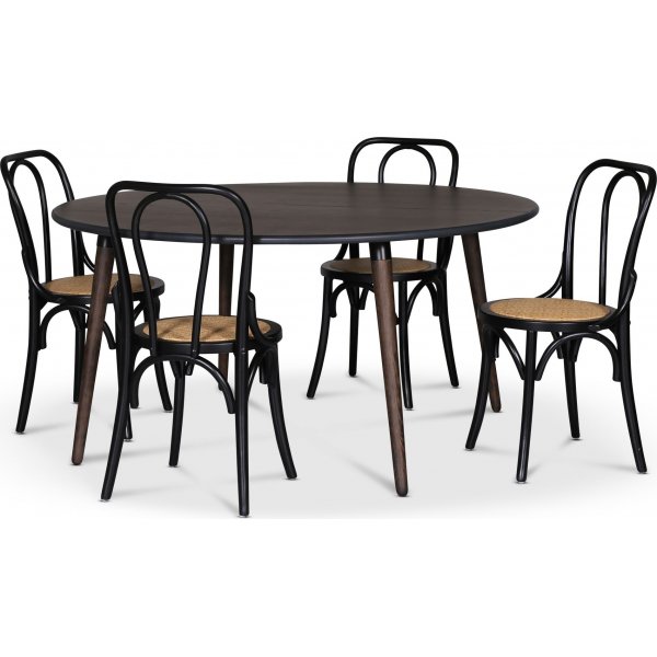 Omni-ruokailuryhm, pyre ruokapyt 130 cm sis. 4 kpl Tony mustaa taivutettua tuolia - Savunvrinen tammi + 4.00 x Lautasliinarenkaat