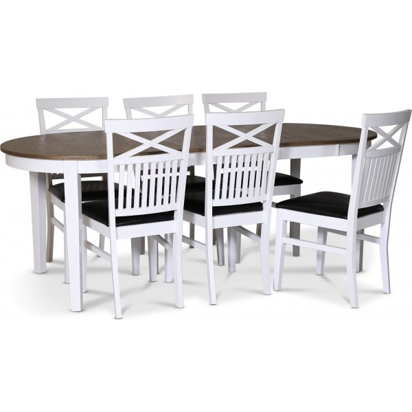 Skagen elintarvikeryhm; ruokapyt 160/210x90 cm - Valkoinen/ruskea ljytty tammi, jossa 6 Fr-tuolia ristill selknojalla ja