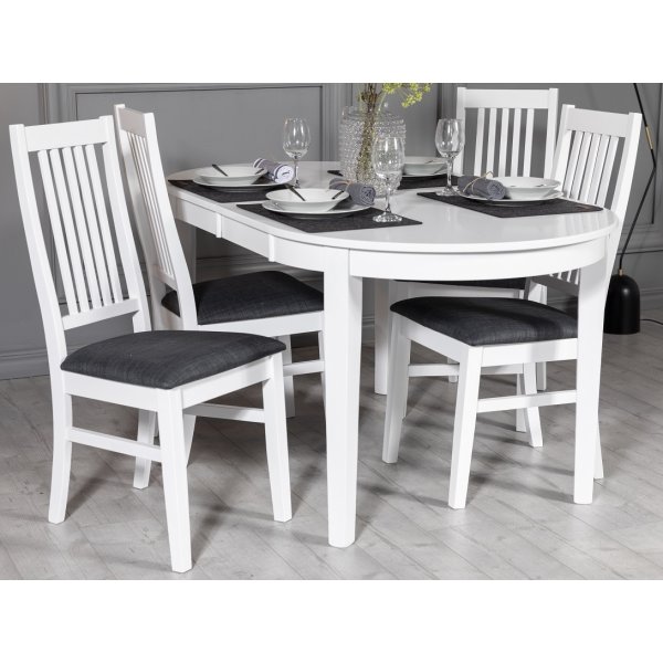 Gåsö ruokaryhmä: Pöytä 160/210 cm sisältäen 4 Gåsö tuolia - Valkoinen/harmaa + 3.00 x Huonekalujen jalat Gåsö ruokaryhmä: Pöytä 160/210 cm sisältäen 4 Gåsö tuolia - Valkoinen/harmaa + 3.00 x Huonekalujen jalat