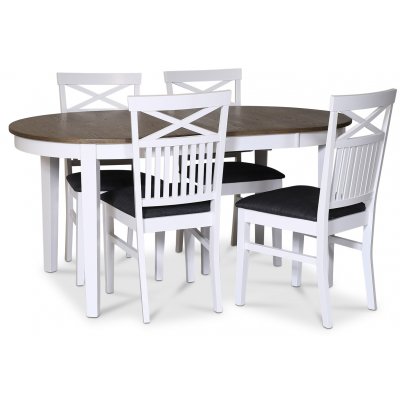 Skagen elintarvikeryhmä; ruokapöytä 160/210x90 cm - Valkoinen/ruskea öljytty tammi ja 4 Skagen-tuolia ristillä, harmaa kangas