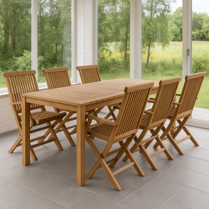 Ulkoryhmä: 6 tuolia ja ruokapöytä 210 x 90 cm tiikkiä - Saltö Ulkoryhmä: 6 tuolia ja ruokapöytä 210 x 90 cm tiikkiä - Saltö