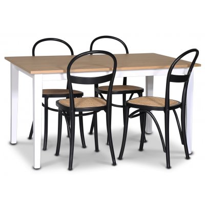 Fårö ruokaryhmä; ruokapöytä 140x90 cm - Valkoinen/öljytty tammi ja 4 Danderyd No.16 tuolia Musta