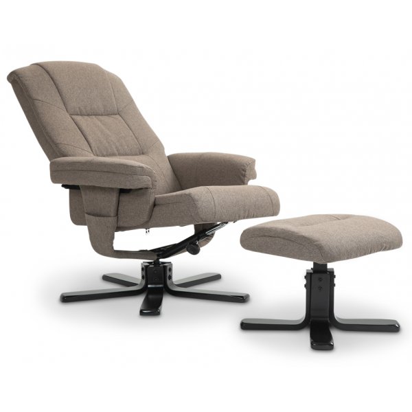 Oslon lepotuoli jakkaralla tummaa beigeä kangasta Oslon lepotuoli jakkaralla tummaa beigeä kangasta