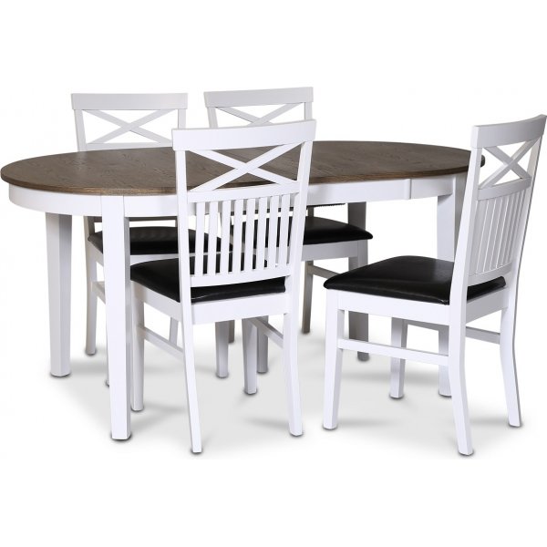Skagen elintarvikeryhm; ruokapyt 160/210x90 cm - Valkoinen/ruskea ljytty tammi, 4 Fr-tuolia ristill, PU-istuin