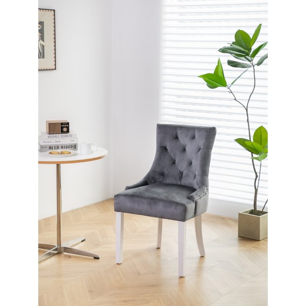 Tuva-tuoli Cleopatra (selkkahva) - Harmaa sametti | Valkoiset jalat