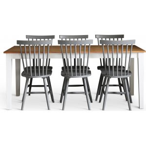 Dalsland-ruokailuryhm: Ruokapyt tammi/valkoinen ja 6 harmaata ruokotuolia