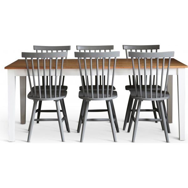 Dalsland-ruokailuryhmä: Ruokapöytä tammi/valkoinen ja 6 harmaata ruokotuolia Dalsland-ruokailuryhmä: Ruokapöytä tammi/valkoinen ja 6 harmaata ruokotuolia