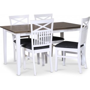 Skagen elintarvikeryhmä; klassinen ruokapöytä 140x90 cm - Valkoinen/ruskea öljytty tammi 4 Skagen-tuolilla (Risti takana) harmaa + 4.00 x Lautasliinarenkaat Skagen elintarvikeryhmä; klassinen ruokapöytä 140x90 cm - Valkoinen/ruskea öljytty tammi 4 Skagen-tuolilla (Risti takana) harmaa + 4.00 x Lautasliinarenkaat