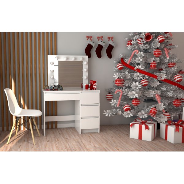 Turhamainen valkoinen peilipöytä valaistuksella Turhamainen valkoinen peilipöytä valaistuksella