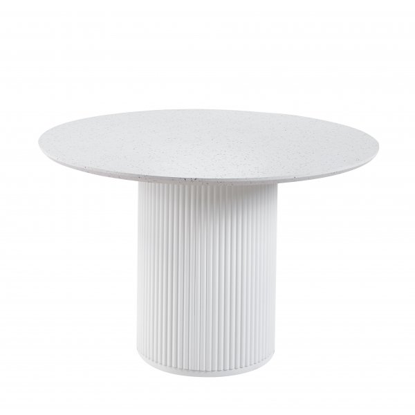 Ruokailuryhm� Sand� ruokap�yt� �120cm valkoinen terrazzo ja 4 Delta-ruokatuolia ruskeana vintage-v�risen�