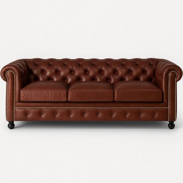 Kolmen istuttava Chesterfield-sohva ruskeaa nahkaa