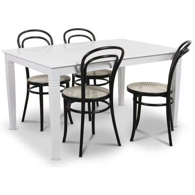 Mellby ruokailuryhmä 140 cm pöytä ja 4 mustaa Thonet No14 tuolia - valkoinen/musta