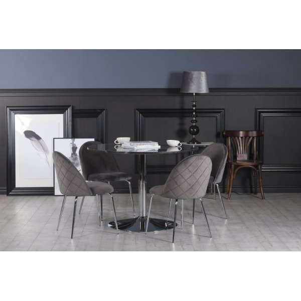Plaza-ruokailuryhm, marmoripyt ja 4 kpl Plaza-samettituolia - Harmaa/Harmaa/Kromi