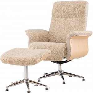 Nojatuoli jalkarahilla - Beige lampaannahkajäljitelmä/öljytty tammi Nojatuoli jalkarahilla - Beige lampaannahkajäljitelmä/öljytty tammi